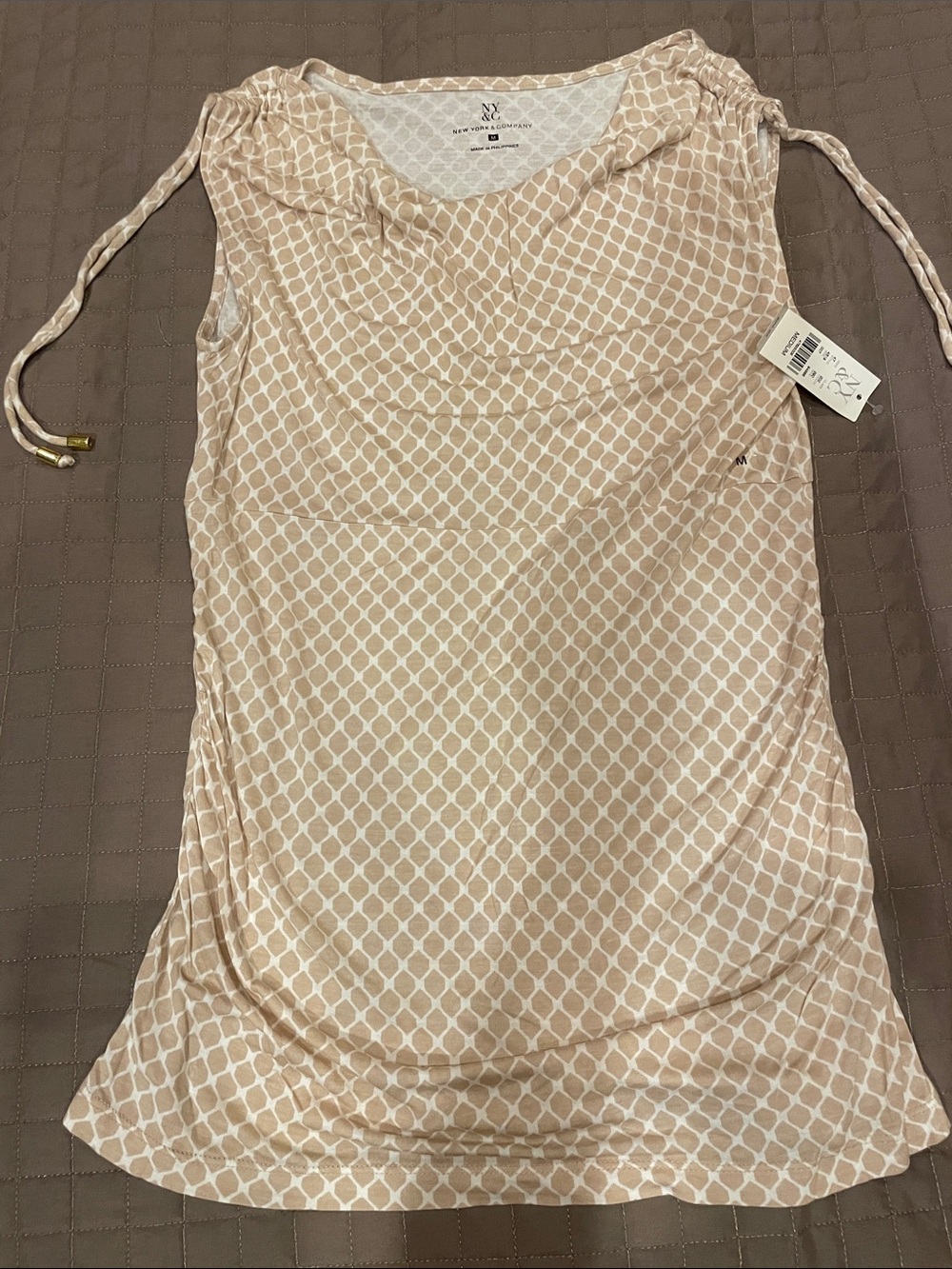 New York & Company Cream Geo-Print Chemise with Adjustable Ties